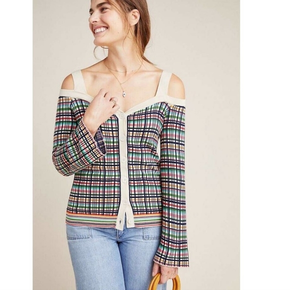 Anthropologie Cold Shoulder Button Bell Sleeve Knit Crop Top - Picture 3 of 12